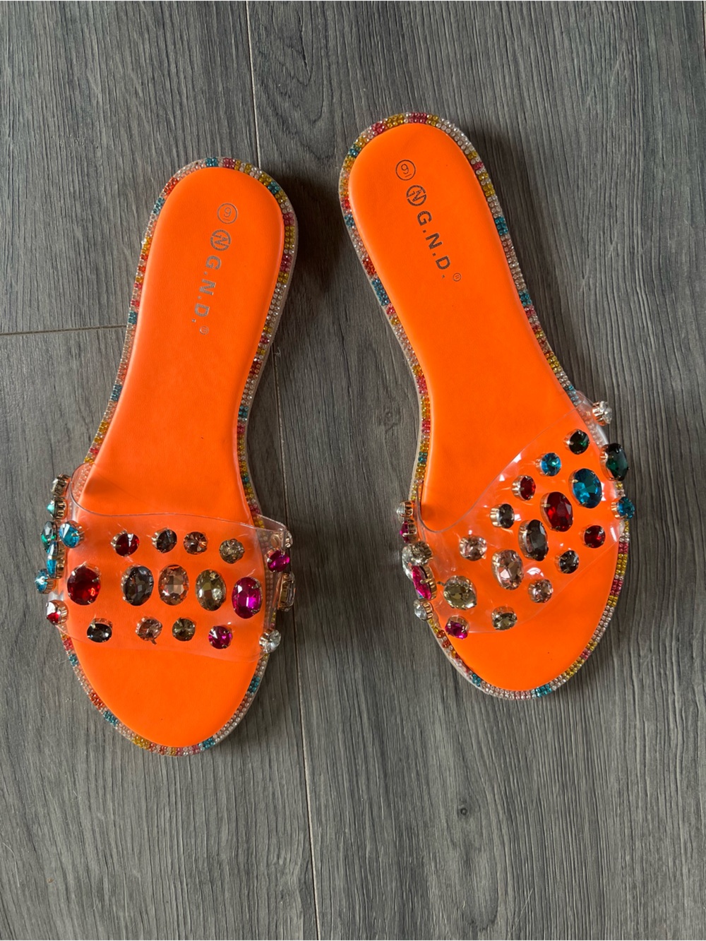 G.N.D. Orange Jeweled Slide Sandals
